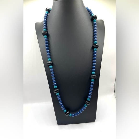 Trifari Beaded Necklace 30” Length Blue Black and Turquoise Blue Beaded Necklace - Picture 5 of 13